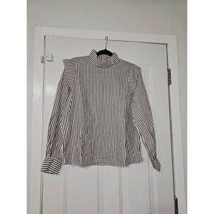Everlane Mock Neck Ruffle Blouse Womens 6 Brown Striped New Cotton Button Back